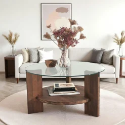 Table basse ronde en verre et bois brun - 2 plateaux ANZIO