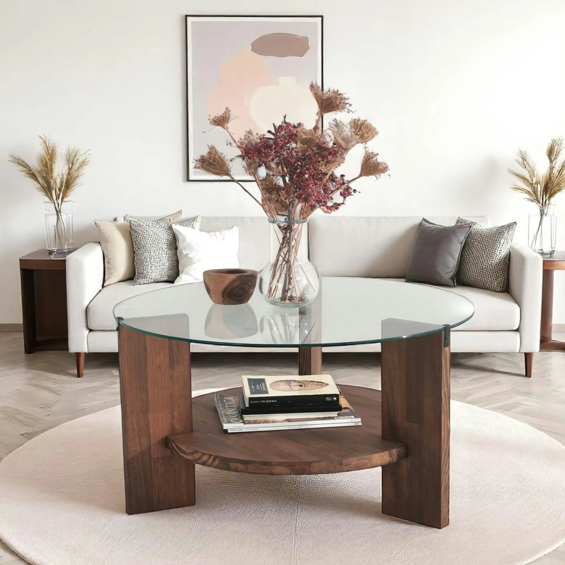Table basse ronde en verre et bois brun - 2 plateaux ANZIO