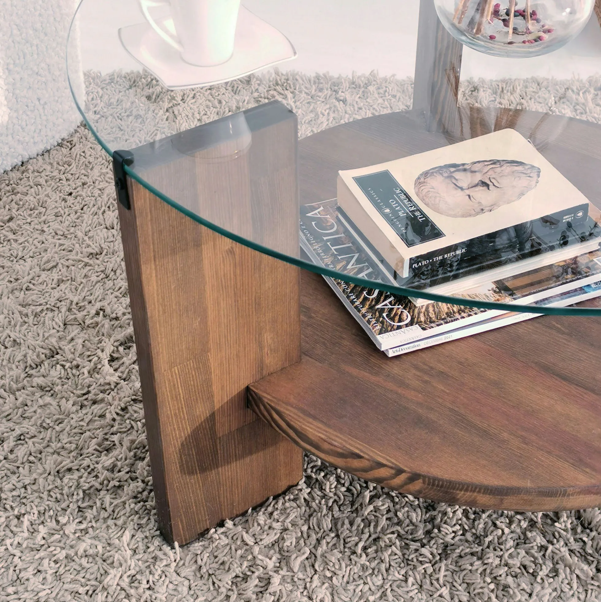 Table basse ronde en verre et bois brun - 2 plateaux ANZIO