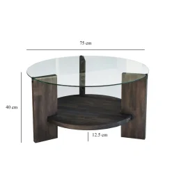 Table basse ronde en verre et bois foncé - 2 plateaux ANZIO