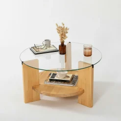Table basse ronde en verre et bois clair - 2 plateaux ANZIO