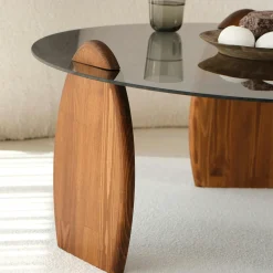 Table basse ronde en verre fumé - 3 pieds bois brun ANZIO