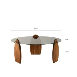 Table basse ronde en verre fumé - 3 pieds bois brun ANZIO