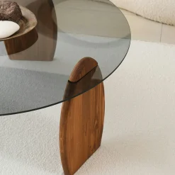 Table basse ronde en verre fumé - 3 pieds bois brun ANZIO