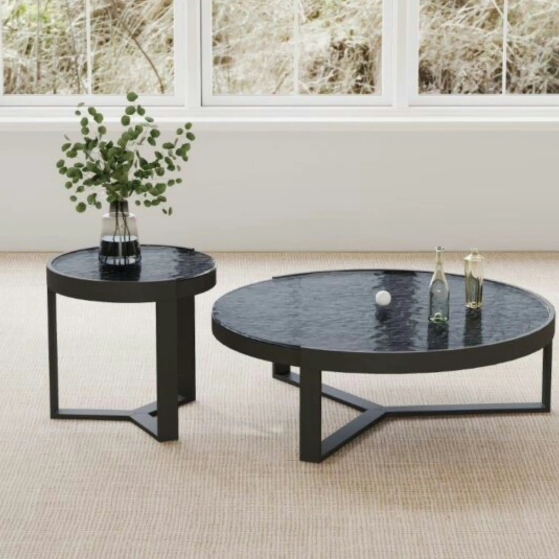 Table basse ronde en verre noir ondulé (lot de 2) LIGURIE