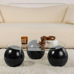 Table basse ronde en verre – 3 pieds boules noirs KOCHI