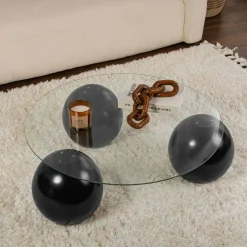 Table basse ronde en verre – 3 pieds boules noirs KOCHI