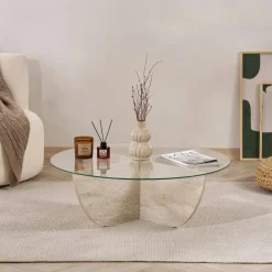 Table basse ronde en verre pied croisé effet travertin SALTA