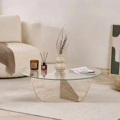 Table basse ronde en verre pied croisé effet travertin SALTA