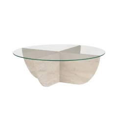Table basse ronde en verre pied croisé effet travertin SALTA