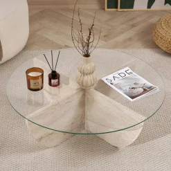 Table basse ronde en verre pied croisé effet travertin SALTA