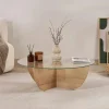 Table basse ronde en verre pied croisé effet bois SALTA