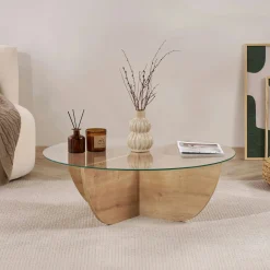 Table basse ronde en verre pied croisé effet bois SALTA