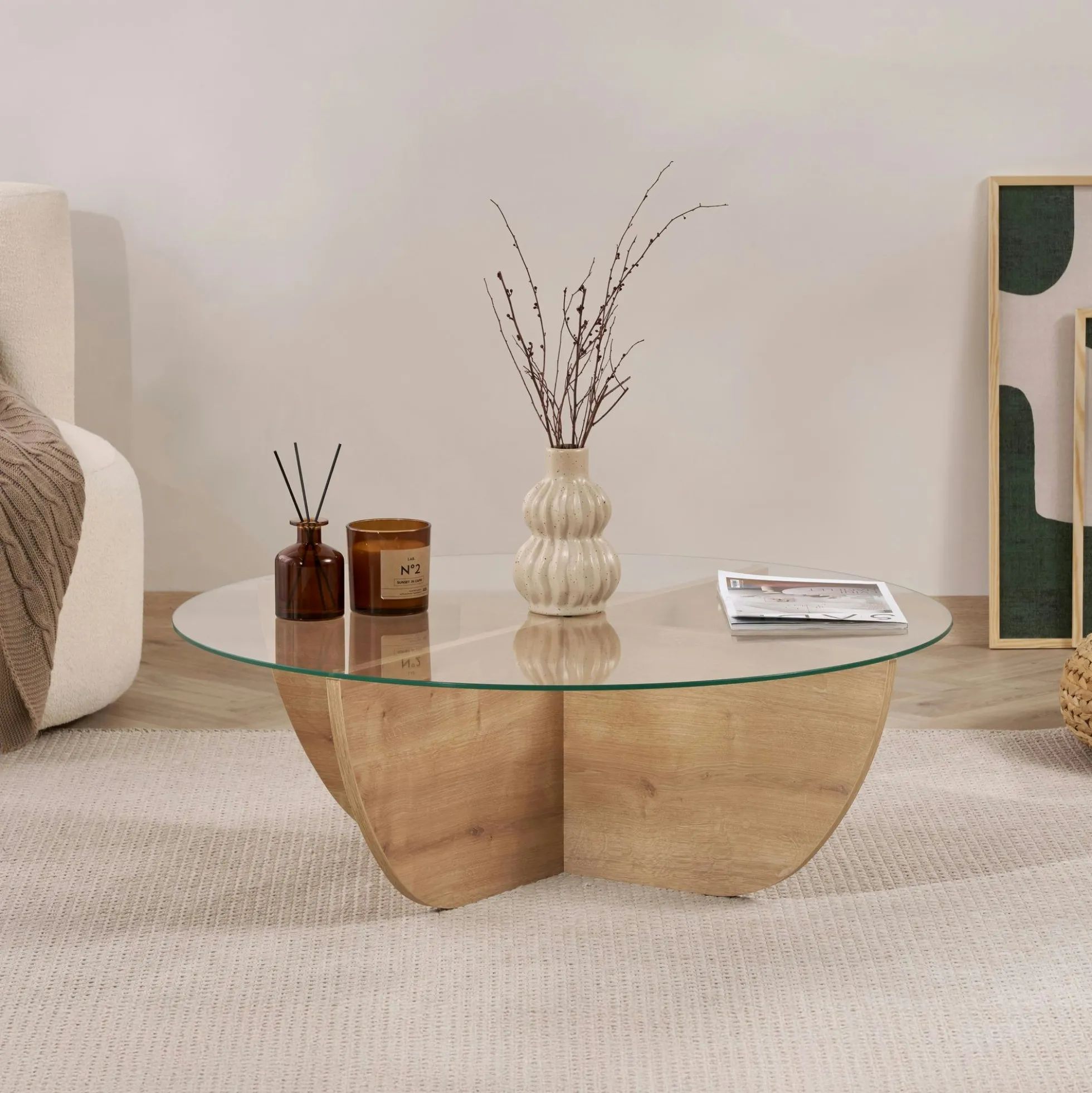 Table basse ronde en verre pied croisé effet bois SALTA