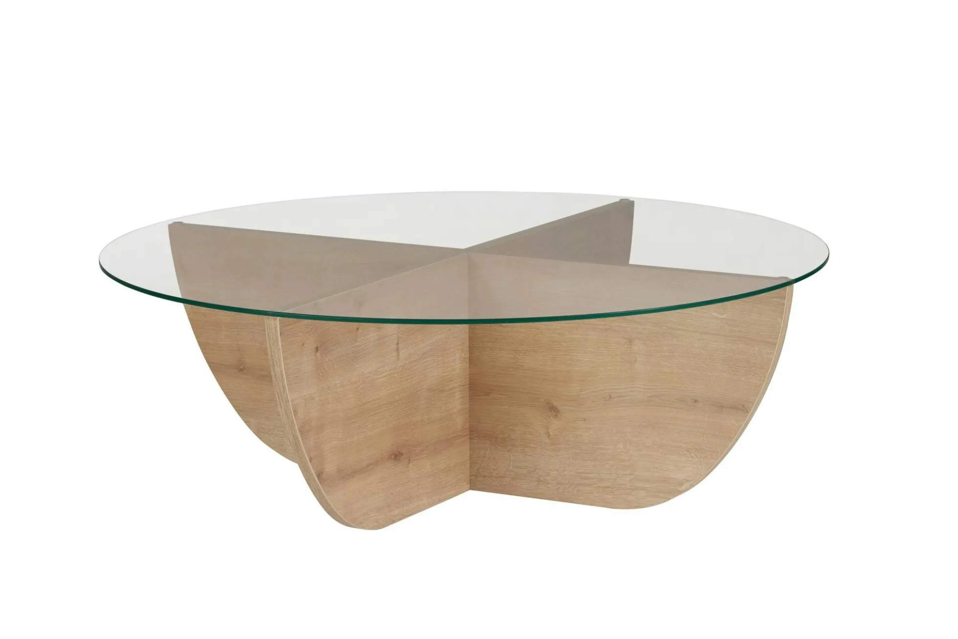 Table basse ronde en verre pied croisé effet bois SALTA