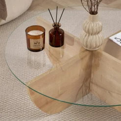 Table basse ronde en verre pied croisé effet bois SALTA