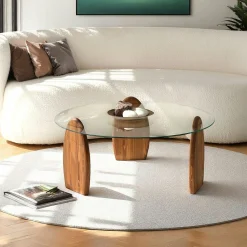 Table basse ronde en verre - 3 pieds bois brun ANZIO