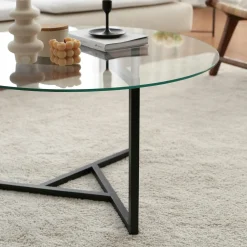 Table basse ronde en verre, pied noir 3 branches TULUM