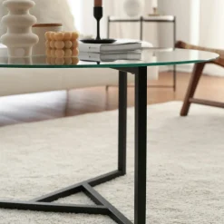 Table basse ronde en verre, pied noir 3 branches TULUM