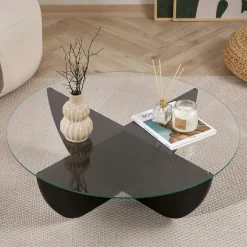 Table basse ronde en verre pied croisé effet bois noir SALTA