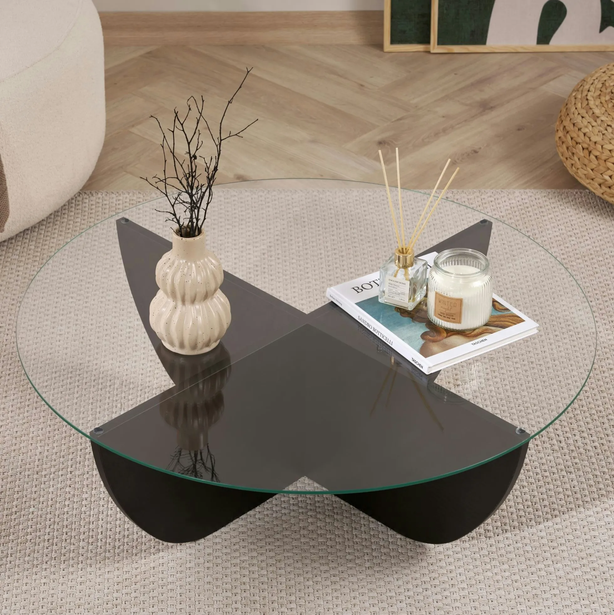 Table basse ronde en verre pied croisé effet bois noir SALTA