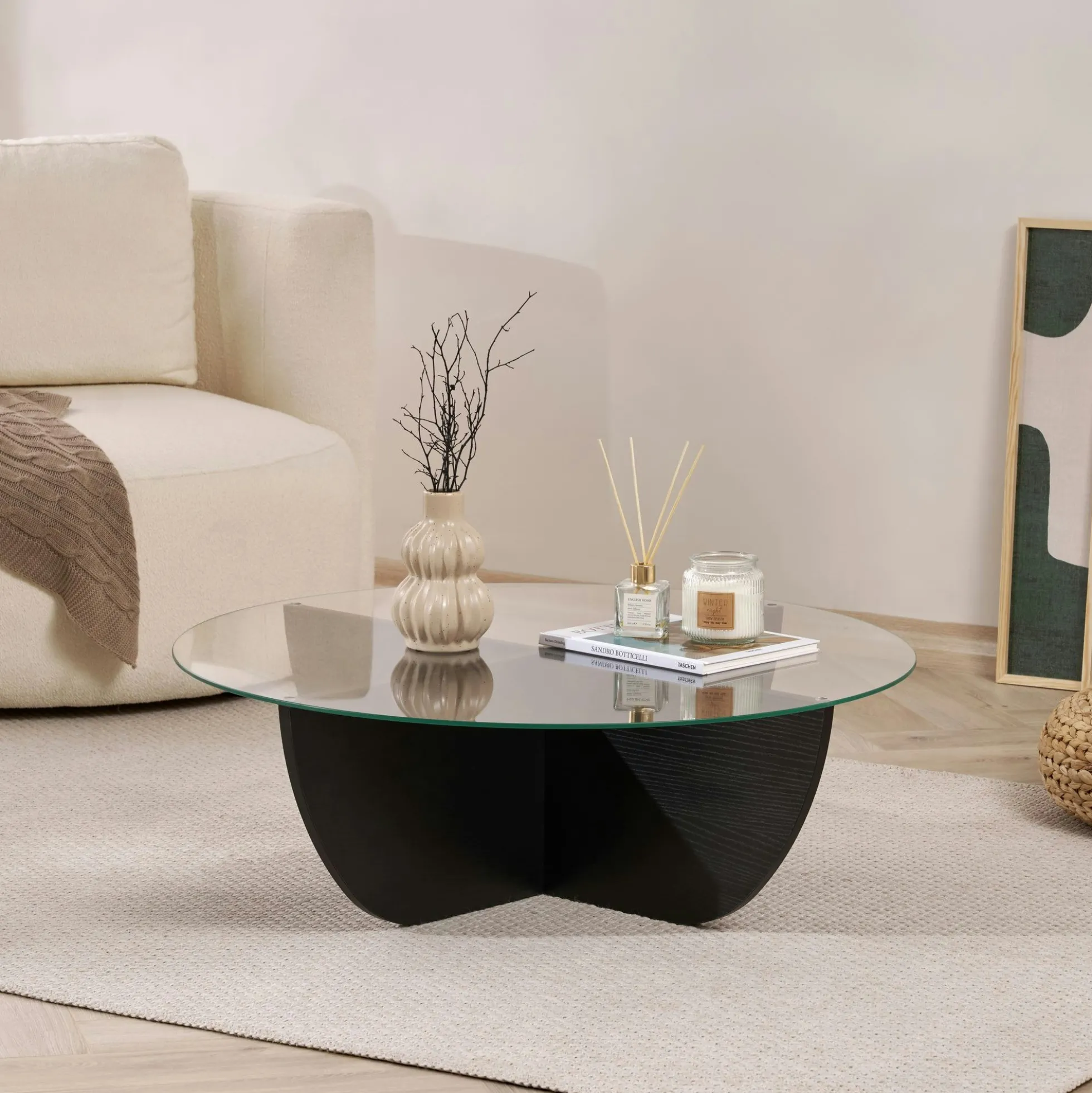 Table basse ronde en verre pied croisé effet bois noir SALTA