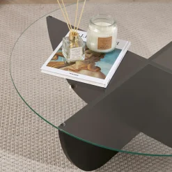 Table basse ronde en verre pied croisé effet bois noir SALTA