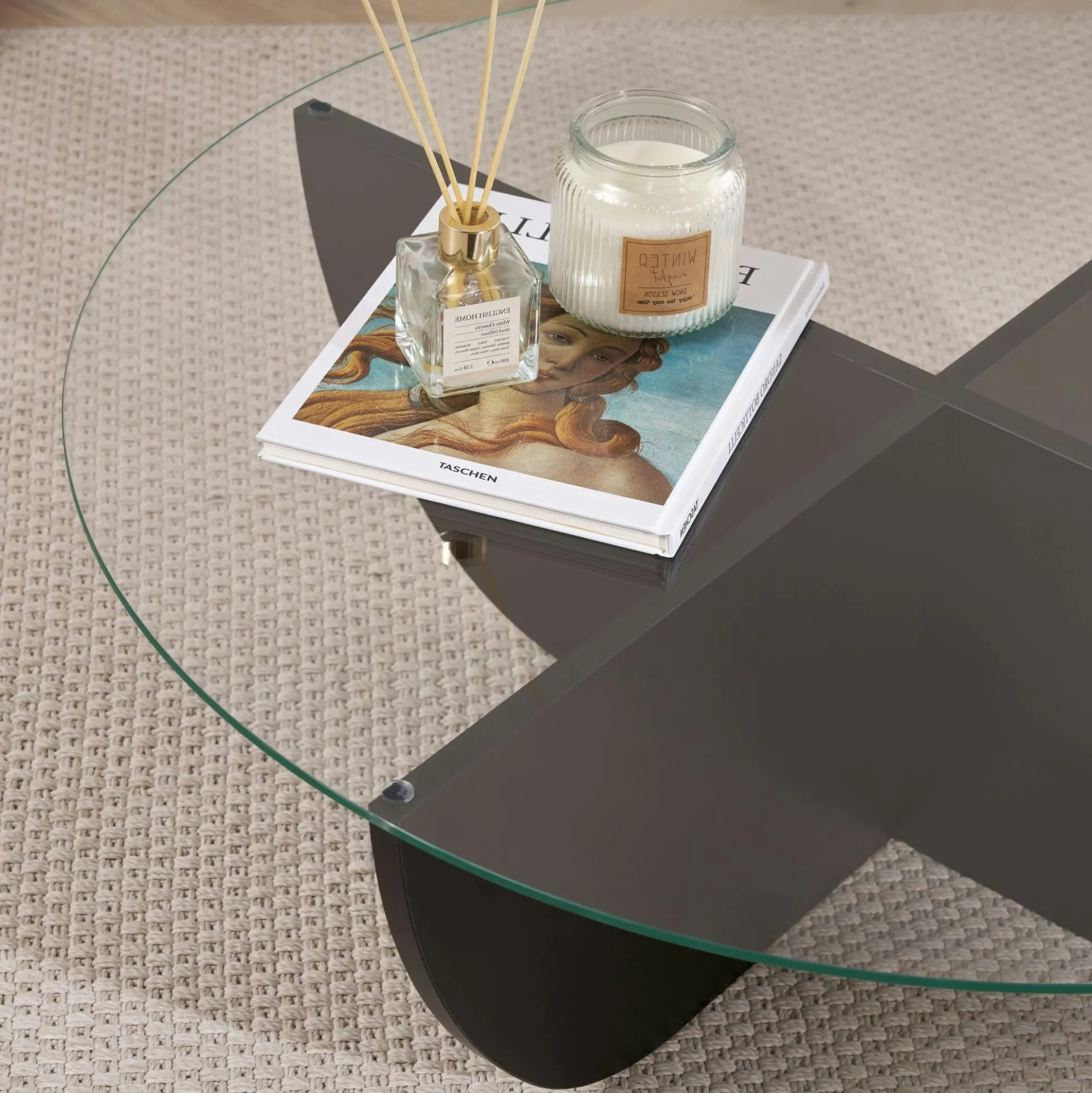 Table basse ronde en verre pied croisé effet bois noir SALTA