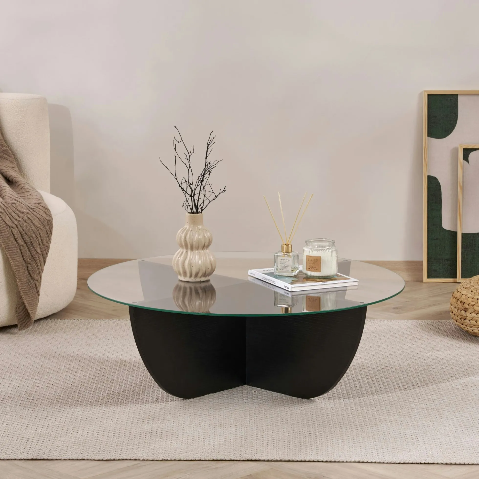 Table basse ronde en verre pied croisé effet bois noir SALTA