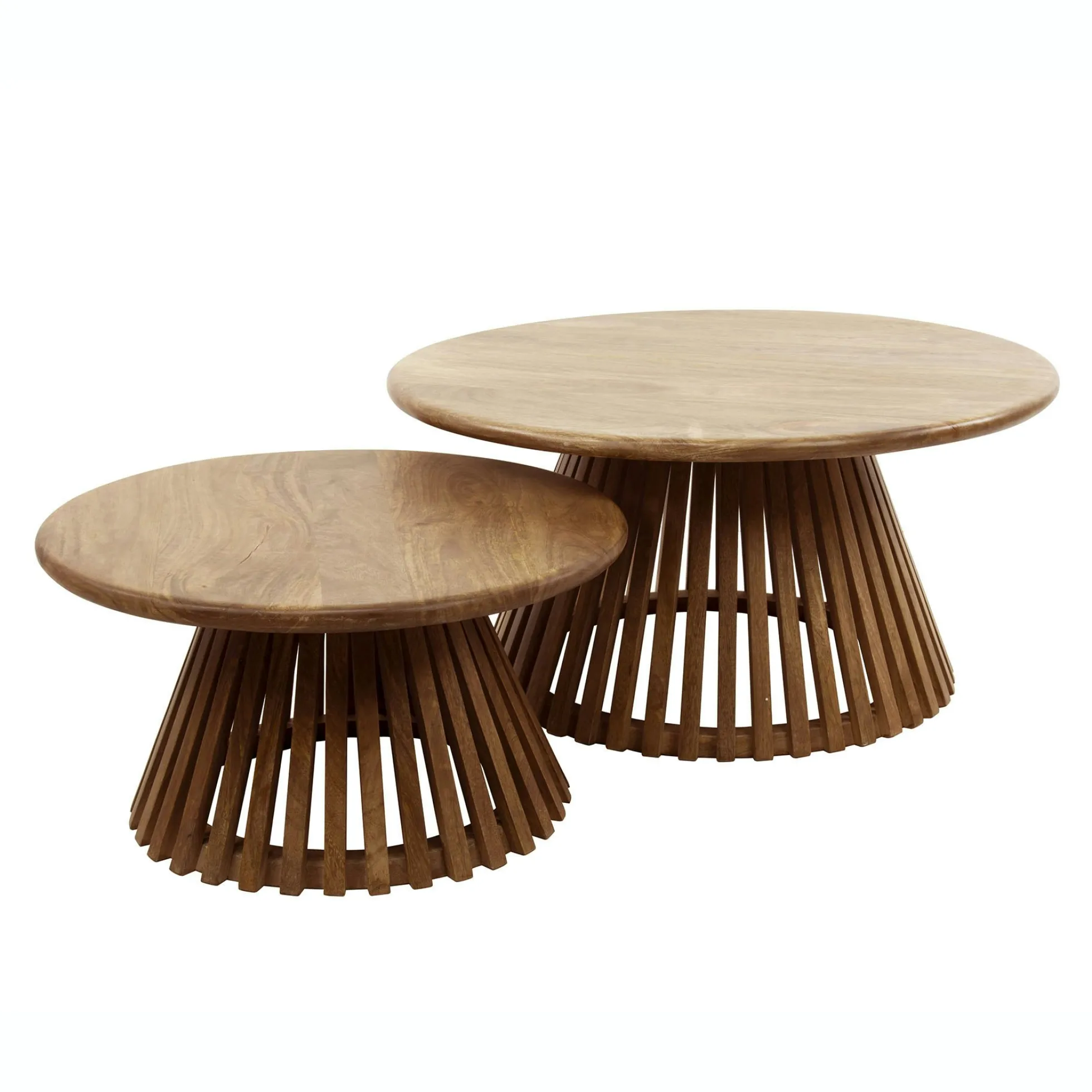 Table basse ronde gigogne motif baguette en bois de manguier (lot de 2) DELHI