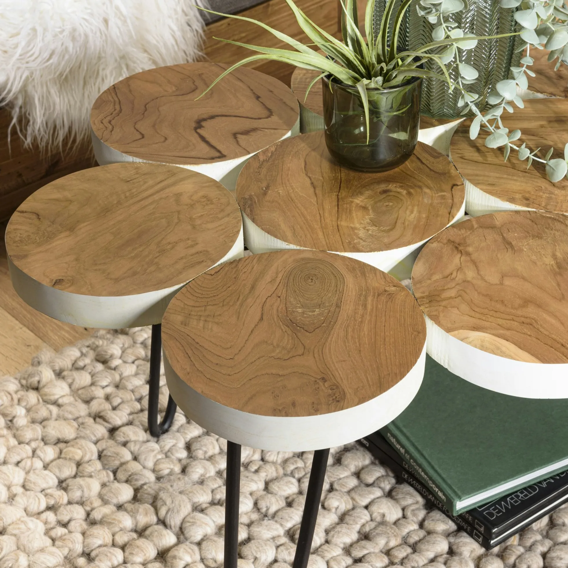 Table basse rondelles en teck recyclé 80 cm