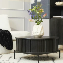 Table basse ronde noire en bois rainuré 2 tiroirs CORTINA
