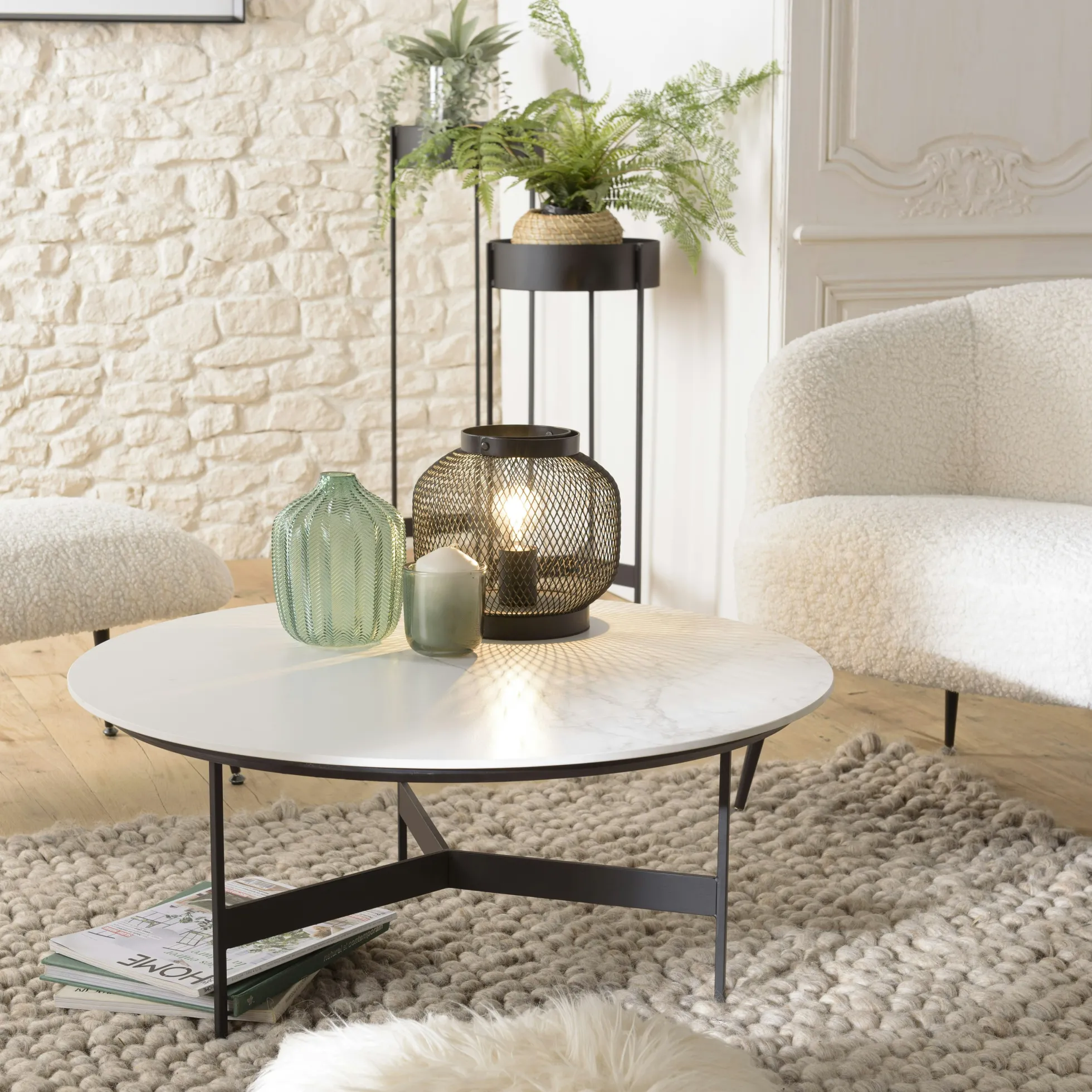 Table basse ronde plateau blanc pierre marbrée CORUMBA