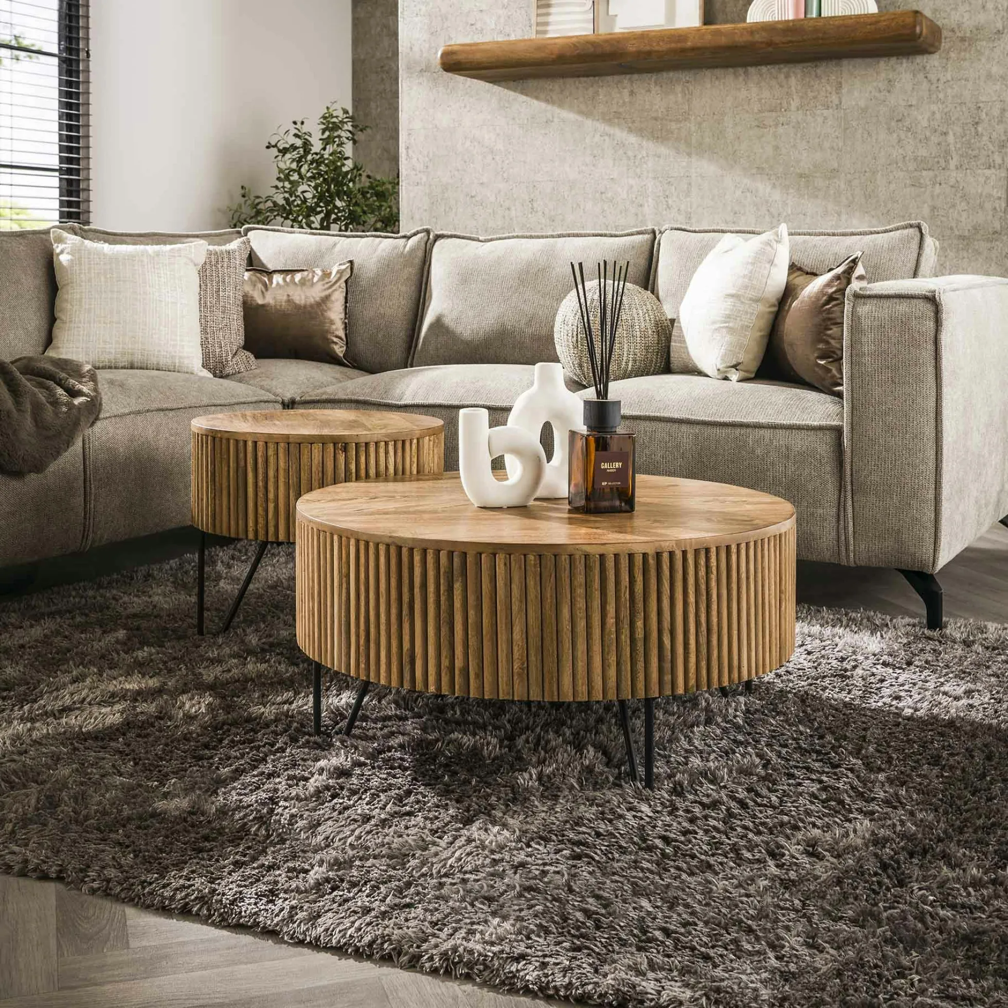 Table basse ronde striée en bois de manguier (lot de 2) CREEK