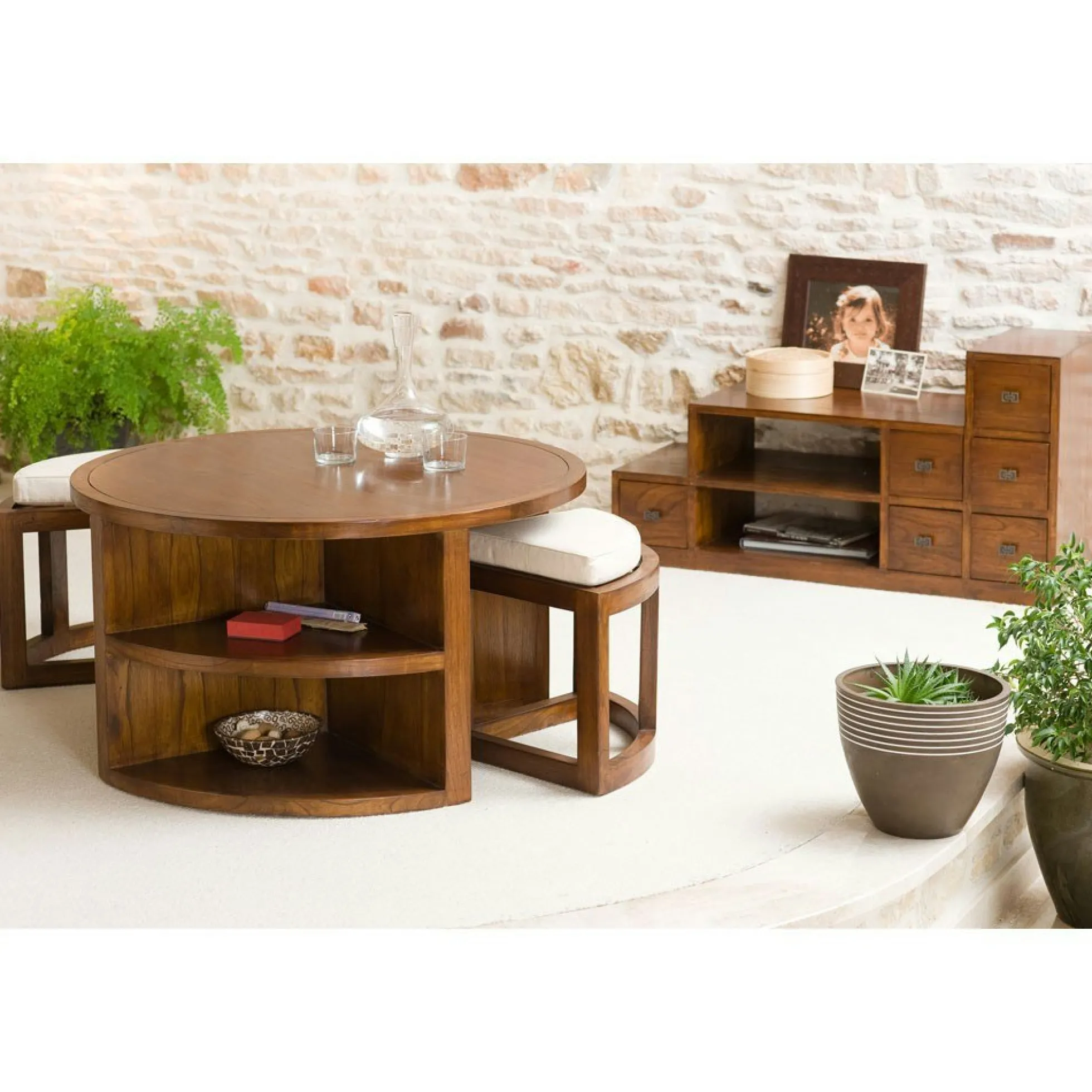 Table basse ronde 2 tabourets avec coussins D90cm LOLA