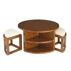 Table basse ronde 2 tabourets avec coussins D90cm LOLA