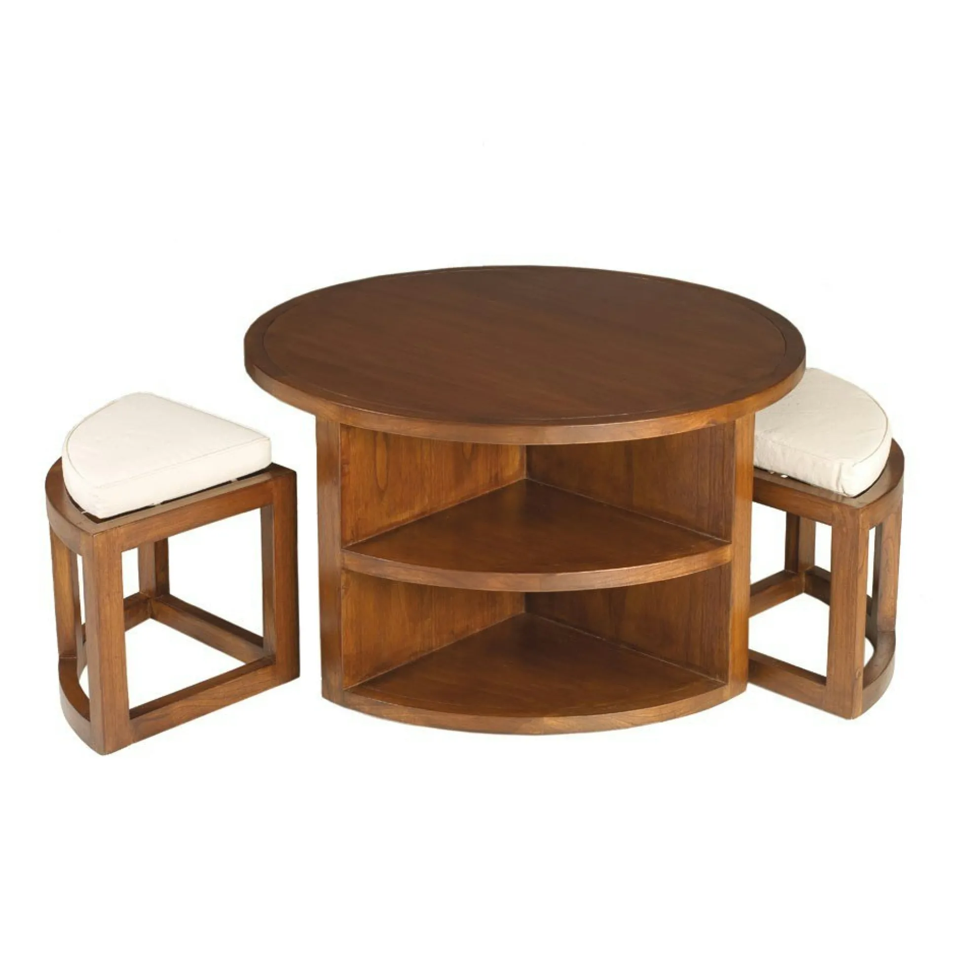 Table basse ronde 2 tabourets avec coussins D90cm LOLA