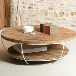Table basse ronde teck recyclé structure filaire blanche 2 plateaux SWING