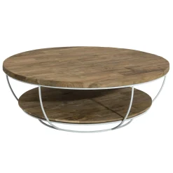 Table basse ronde teck recyclé structure filaire blanche 2 plateaux SWING