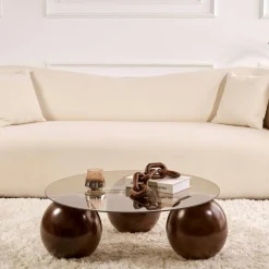 Table basse ronde verre ambré 3 pieds boule KOCHI