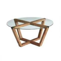 Table basse ronde verre et bois brun- pieds croisés ANZIO