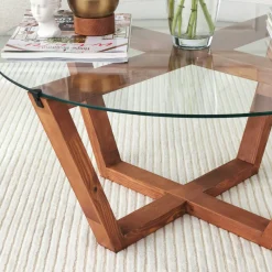 Table basse ronde verre et bois brun- pieds croisés ANZIO