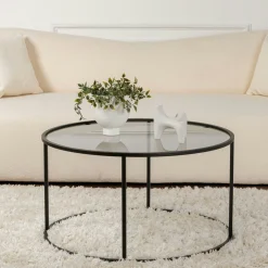 Table basse ronde verre fumé – cadre noir ⌀80 cm TULUM