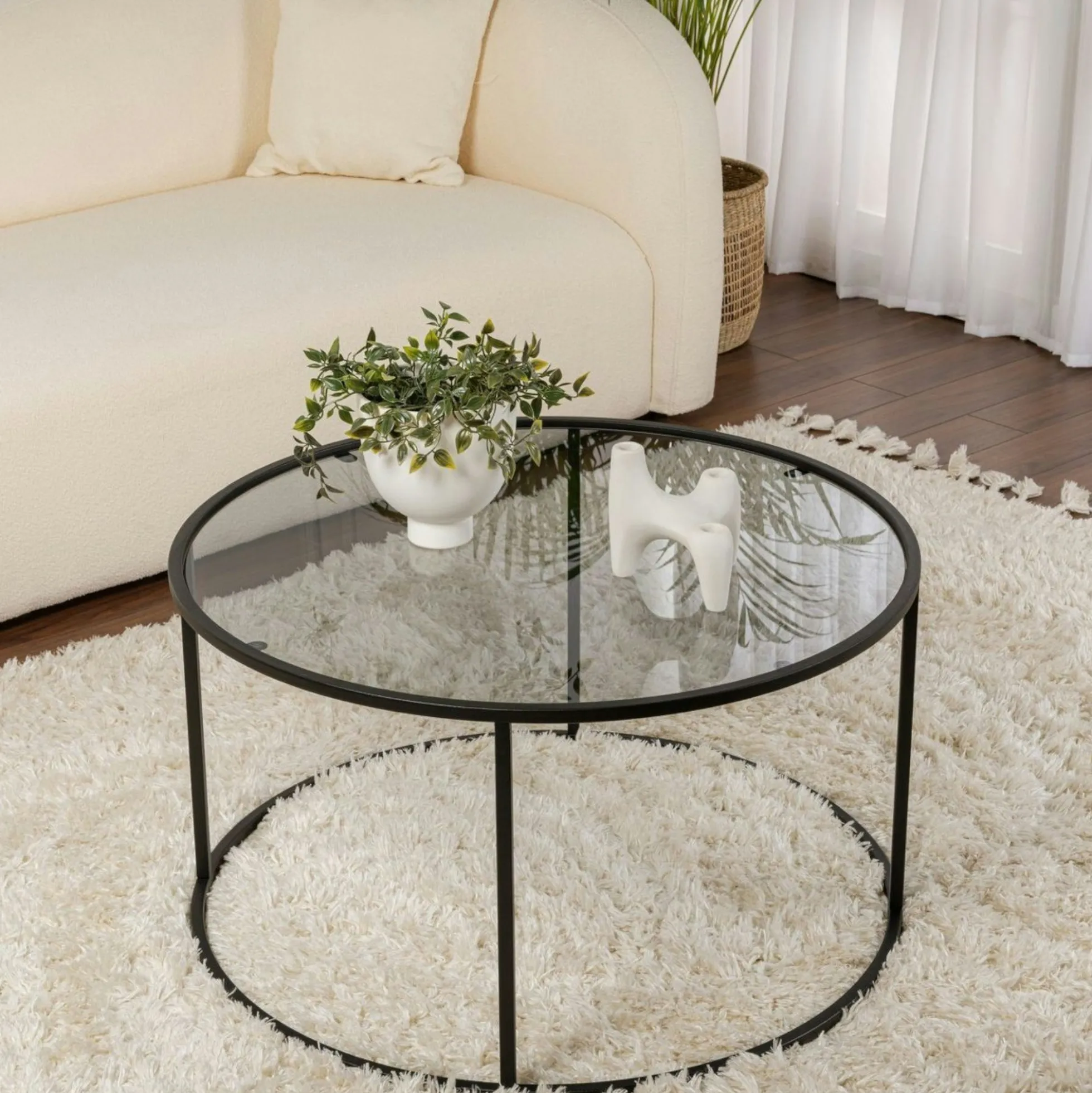 Table basse ronde verre fumé – cadre noir ⌀80 cm TULUM