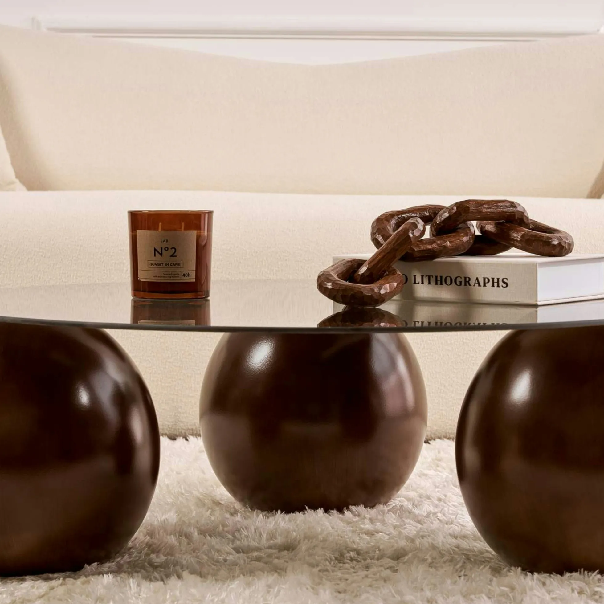 Table basse ronde verre fumé 3 pieds boule KOCHI
