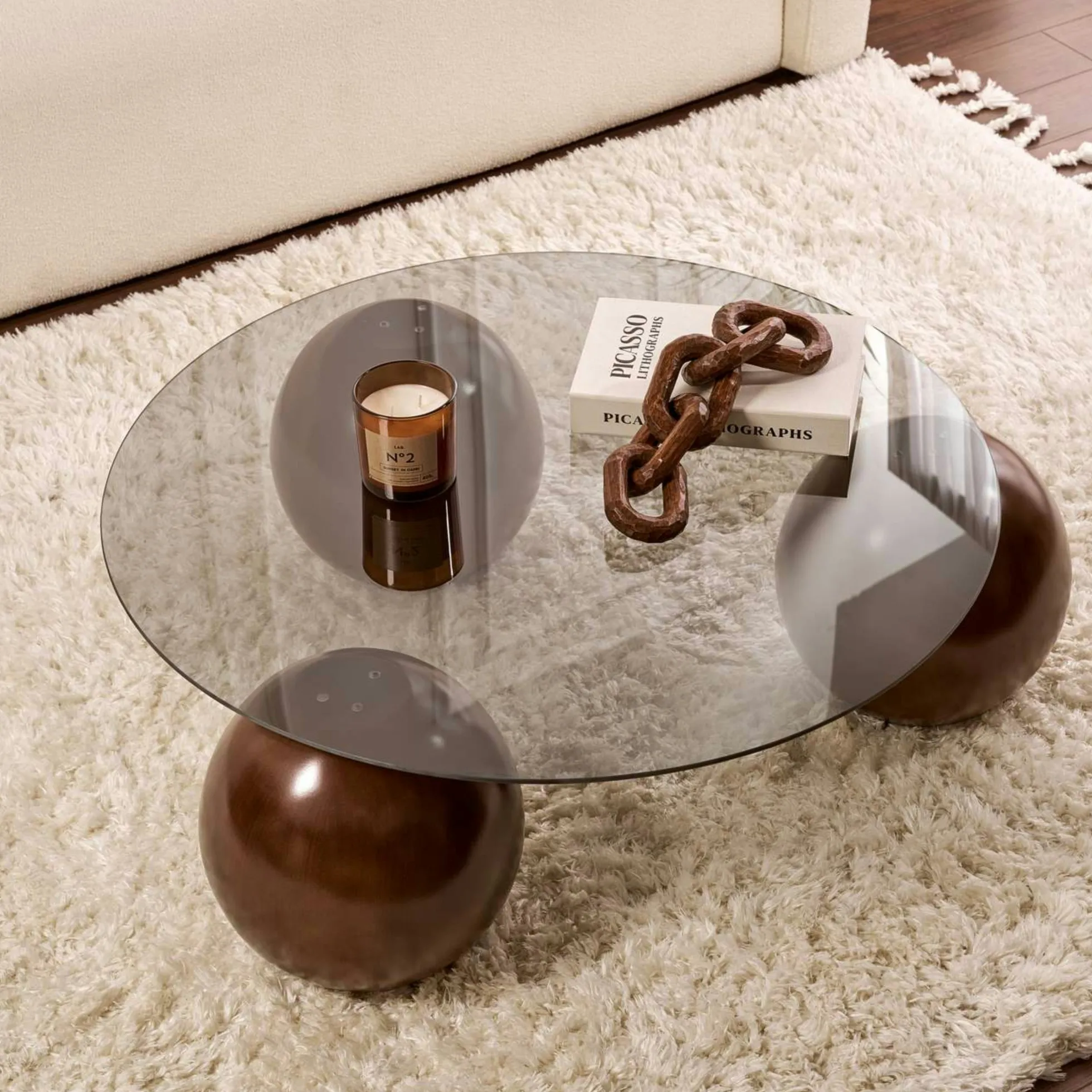 Table basse ronde verre fumé 3 pieds boule KOCHI