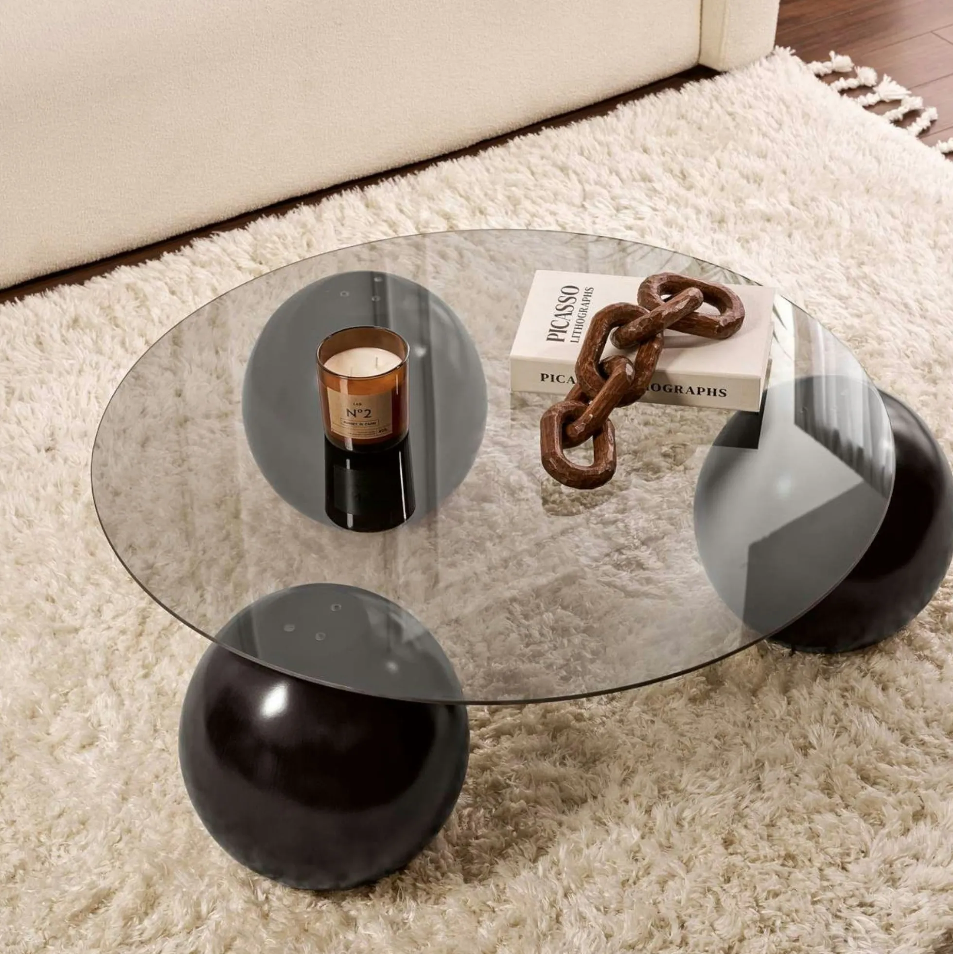 Table basse ronde verre fumé - 3 pieds boules noirs KOCHI