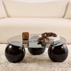 Table basse ronde verre fumé - 3 pieds boules noirs KOCHI