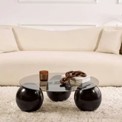 Table basse ronde verre fumé - 3 pieds boules noirs KOCHI