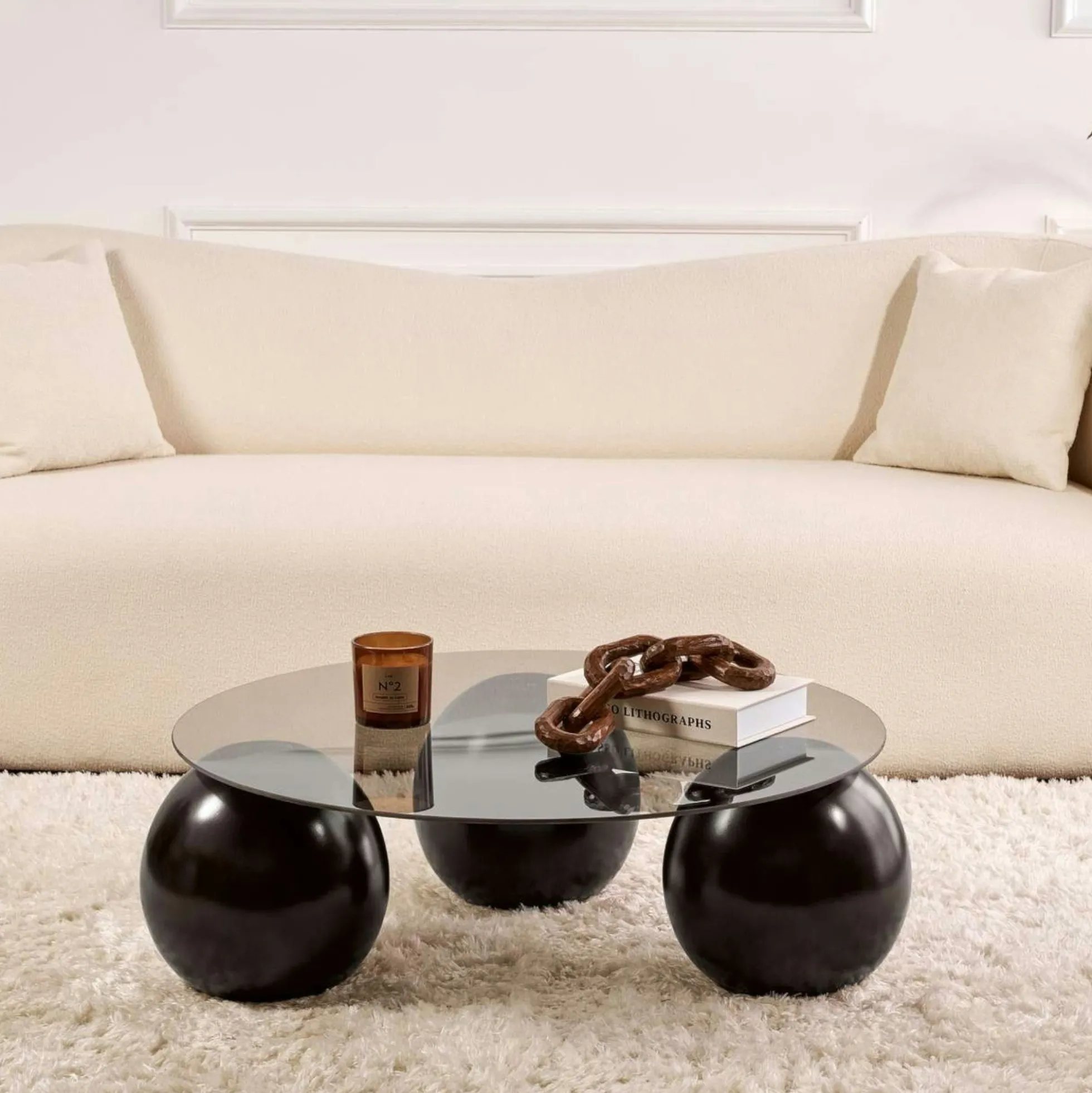Table basse ronde verre fumé - 3 pieds boules noirs KOCHI